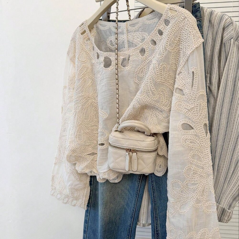 Apricot Boho Casual Women's Long Sleeve Lace Blouse - Picture 6 of 8